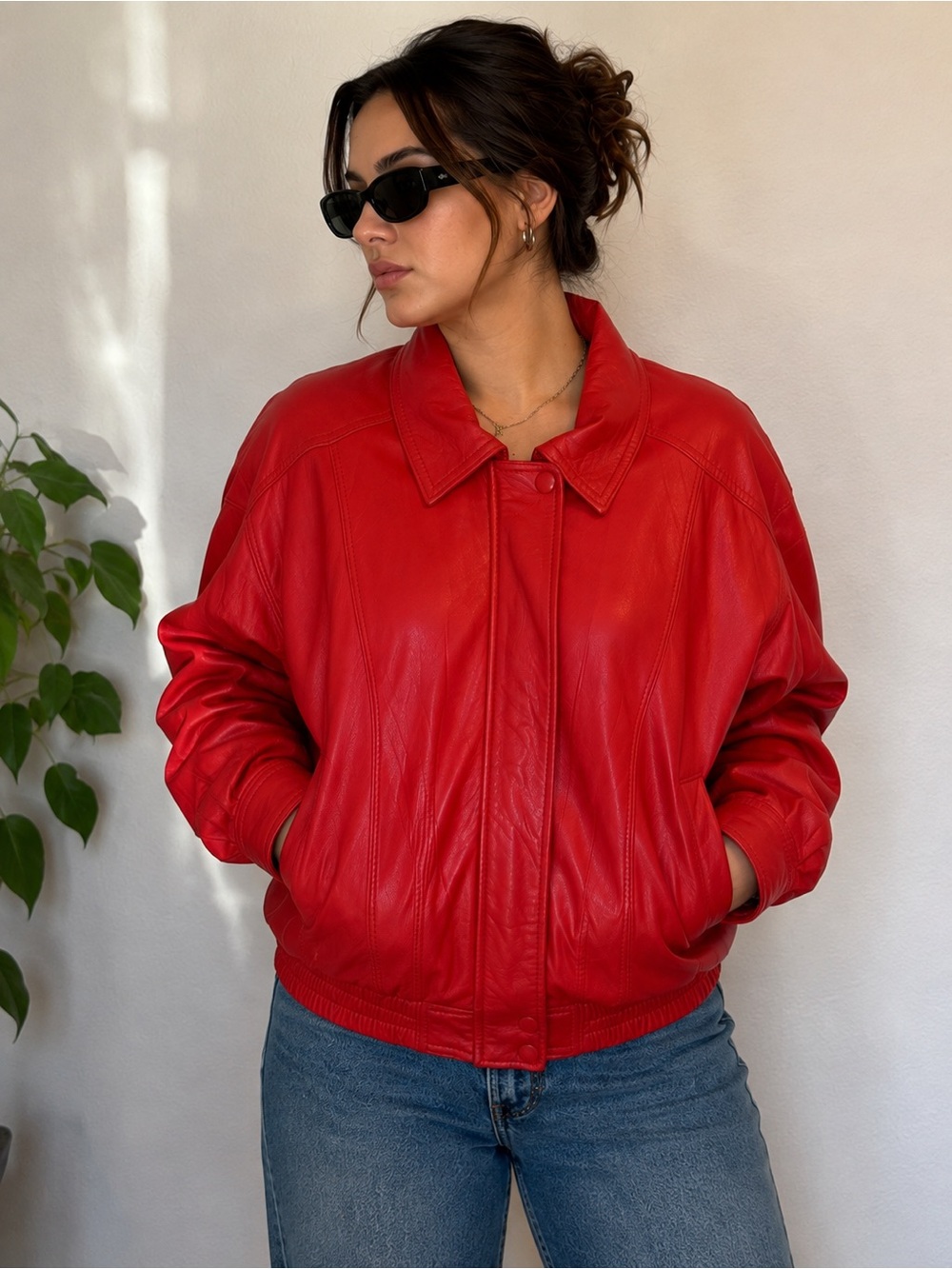 Vintage 1992 Firenze Santa Barbara Red Leather Bomber Jacket Made USA Large